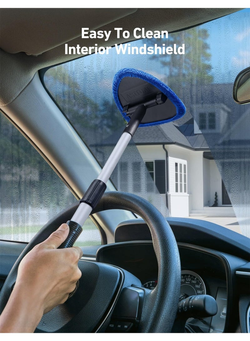 Windshield Cleaner Tool with Extendable Handle, Car Interior Detailing Cleaning Kit, 1 Spray Bottle and 4 Microfiber Pads, Auto Glass Wiper Brush Kit Blue - Image 3